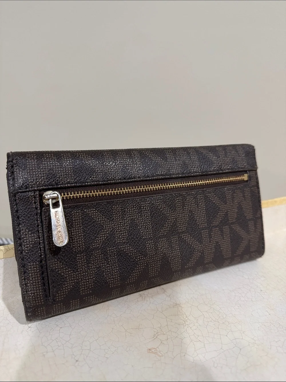 Michael Kors Dark Brown Logo Flap Continental Wallet with Gold Plaque